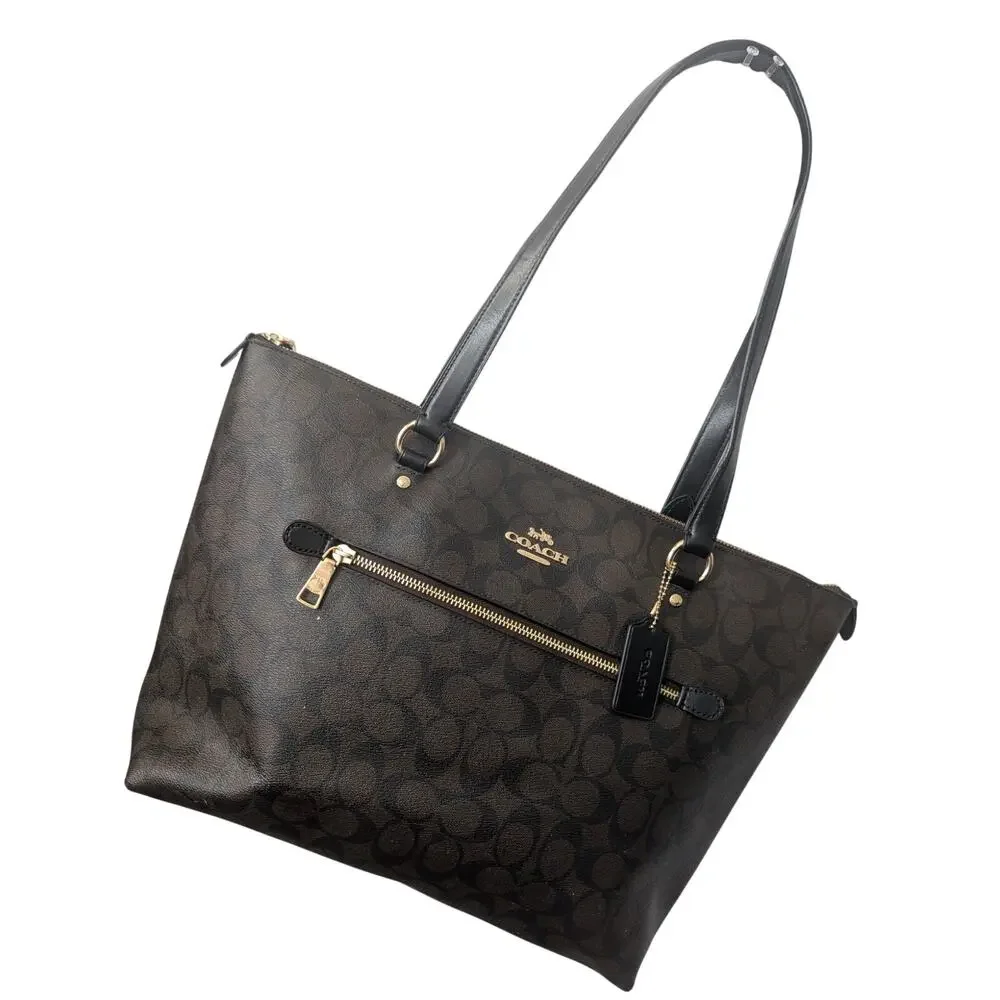Coach Brown Signature Canvas Tote with Black Handles and Gold Hardware